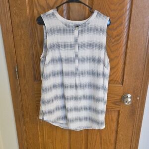 Liz Claiborne Sleeveless Striped Henley Top - White & Gray